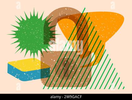 Risograph Padlock with speech bubble with geometric shapes. Objects in trendy riso graph print texture style design with geometry elements. Stock Vector