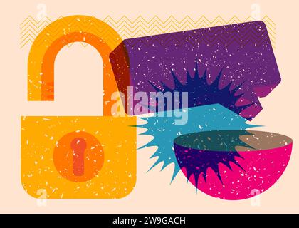 Risograph Padlock with speech bubble with geometric shapes. Objects in trendy riso graph print texture style design with geometry elements. Stock Vector