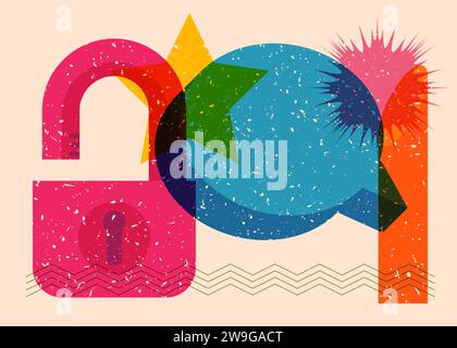 Risograph Padlock with speech bubble with geometric shapes. Objects in trendy riso graph print texture style design with geometry elements. Stock Vector