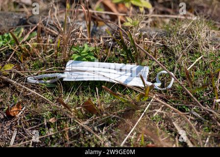 A medical face mask on the grass. Irresponsible mask disposal. Stock Photo