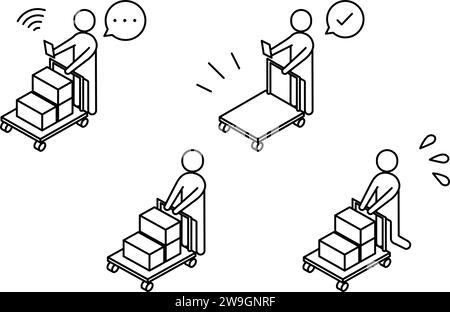 Simple line drawing of a person making a delivery using a cart, DX, IT, logistics, distribution Stock Vector