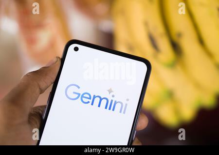 Dhaka, Bangladesh - 27 December 2023: Hand holding a phone with Google Gemini AI chatbot Gemini is a family of multimodal large language models develo Stock Photo