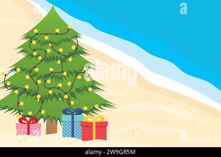 spending christmas in a different way on the tropcial vacation; christmas tree with lights and gift boxes on the beach - vector illustration Stock Vector