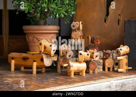 Dog figures made of wood in a house in Japan. Stock Photo