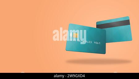 Header of front and back credit card in green color over Peach Fuzz background and empty space for text. Business app. Shopping online. Stock Photo