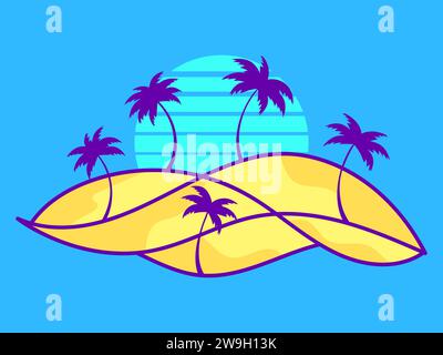 Desert landscape with palm trees and sand dunes isolated on blue background. Sunrise in the desert, sand dunes with silhouettes of palm trees. Design Stock Vector