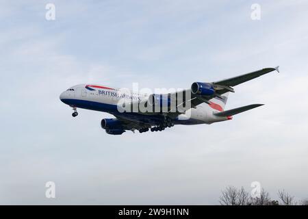 British Airways Airbus A380-841 Passenger Jet Airplane Registration G-XLEI on short finals for a landing on runway 27L at London Heathrow Airport Stock Photo