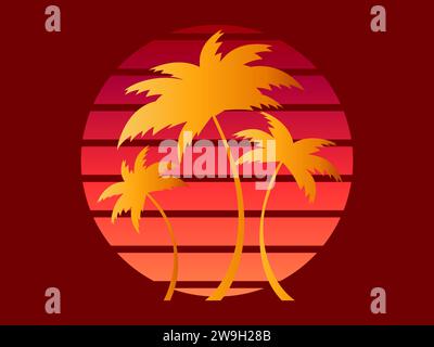 Silhouettes of yellow and orange palm trees against the backdrop of a red sunset in retro 80s style. Synthwave and retrowave style. Design of advertis Stock Vector