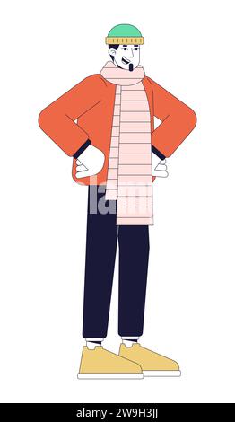 Winter outerwear caucasian man happy 2D linear cartoon character Stock Vector