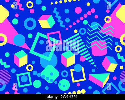 Memphis seamless pattern with 3d geometric shapes in 80s style. Colorful geometric pattern. Design of promotional products, wrapping paper and printin Stock Vector