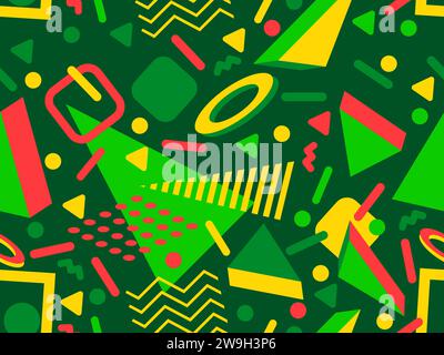 3d geometric seamless pattern in style of the 80s. 3d isometric triangles, squares and circles. Background for promotional products, wrapping paper an Stock Vector