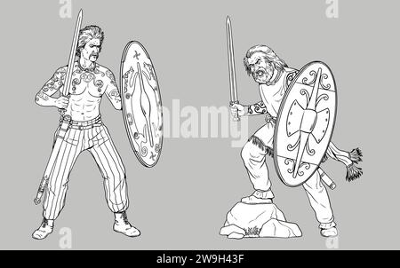 Celtic warriors on the attack. Drawing with Roman enemies. Stock Photo