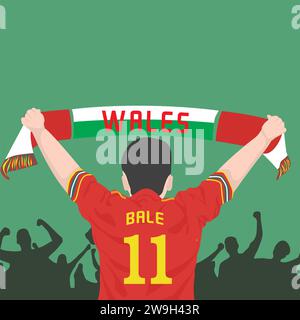 A fan's hand waving in support of the WALES team. Silhouette of crowd of people. sports banner. yellow green bac Stock Vector