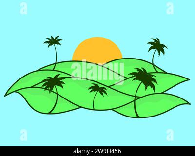 Tropical landscape with palm trees and sun. Wavy landscape with green hills and the sun on the horizon. Dawn over green fields. Design for posters, pr Stock Vector