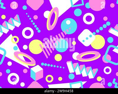 3d geometric seamless pattern in style of the 80s. 3d isometric triangles, squares and circles. Background for promotional products, wrapping paper an Stock Vector
