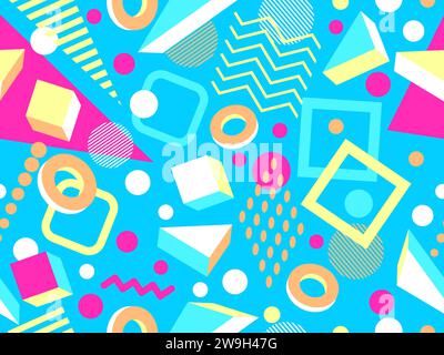 Memphis seamless pattern with 3d geometric shapes in 80s style. Colorful geometric pattern. Design of promotional products, wrapping paper and printin Stock Vector