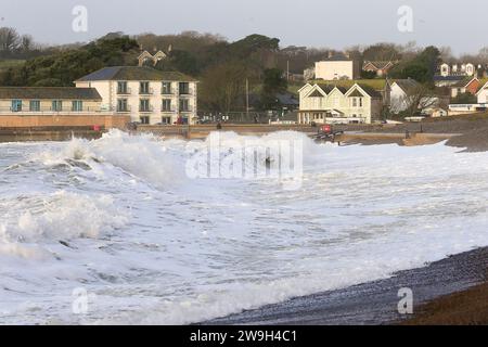 Freshwater Bay, Totland. 28th December 2023. Storm force winds from Storm Gerrit hit the Isle of Wight yesterday and overnight. Large waves, high gusts of wind and sea foams were some of the hazards that continued today at the beach. Credit: james jagger/Alamy Live News Stock Photo