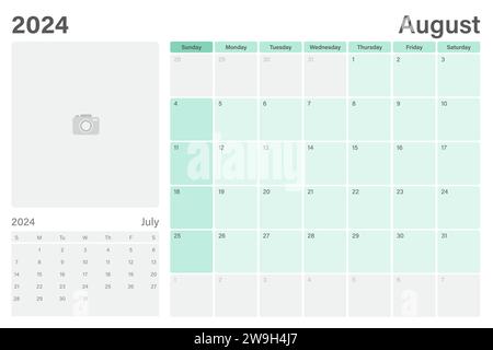 August 2024 table calendar or desk planner with space for your picture, vector design, weeks start on Sunday Stock Vector