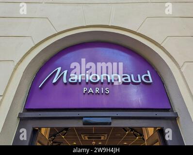 Sign at the entrance to a Marionnaud boutique. Marionnaud is a French chain of stores retailing perfumes, cosmetics and body care products Stock Photo
