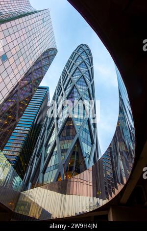Low angle view of modern office high-rise buildings in the business and finance district of Paris-La Défense, France Stock Photo