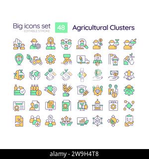 2D multicolor big linear icons set for agricultural clusters Stock Vector