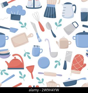 Kitchenware and utensils seamless pattern. Cooking items background. Crockery, cutlery, electrical appliances for cooking print, flat style vector Stock Vector