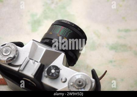 Zenith brand photography camera with lens and leather cover with selective focus Stock Photo