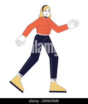 Blonde woman jogging in cold weather 2D linear cartoon character Stock Vector