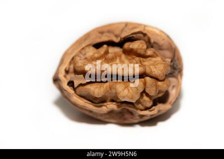 Close-up of a single walnut against a white background. The nut is partially open. You can see the contents. Stock Photo