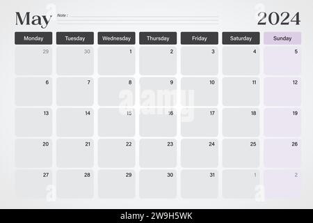 May 2024 calendar or desk planner in soft gray and purple colors with empty note lines, weeks start on Monday, vector illustration design Stock Vector