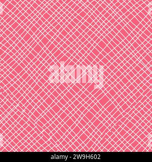 Hand drawn red white plaid pattern. Check, square doodle background. Line art freehand diagonal grid. Crossing white stripes brush stroke. Notebook Te Stock Vector