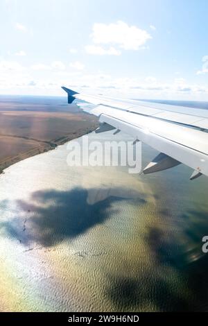 Tengiz lake in Kazakhstan seen from an airplane window, optical effects, Stock Photo