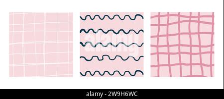 Simple Geometric Hand Drawn Irregular Patterns. Colored Doodle Checkered simple drawing with textures. Square Poster set. Stock Vector