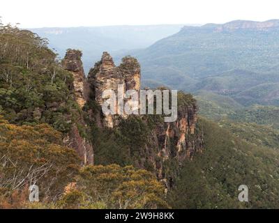 View of the Three Sisters rock formation from Echo Point Lookout at Katoomba in the Blue Mountains near Sydney Australia Stock Photo