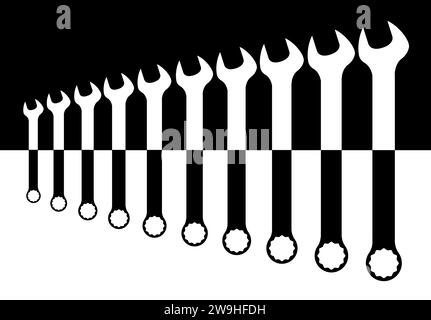 A collection of various sized mechanics spanners in black and white silhouette Stock Vector