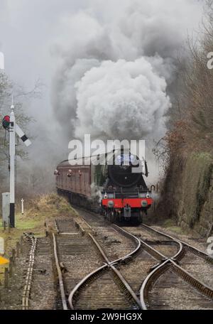 The Flying Scotsman steam locomotive arriving at Goathland station on the North Yorkshire Moors Railway. Stock Photo