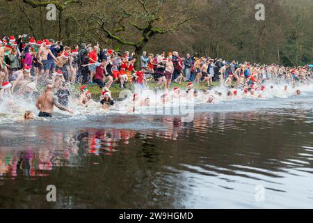 The annual Christmas morning dip into Blackroot Pool in Sutton Coldfield Park. On the stroke of 10am, people dressed in festive costumes, dive, jump, lower themselves into the water. Stock Photo