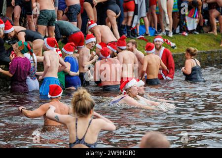 The annual Christmas morning dip into Blackroot Pool in Sutton Coldfield Park. On the stroke of 10am, people dressed in festive costumes, dive, jump, lower themselves into the water. Stock Photo