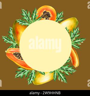 Marker frame, logo and templates with sweet ripe slice of papaya with grains in watercolor style. Hand drawn realistic tasty organic illustration of e Stock Photo