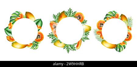 Marker set of frames, logos and templates with sweet ripe slice of papaya with grains, tropical leafs, monstera in watercolor style. Hand drawn realis Stock Photo