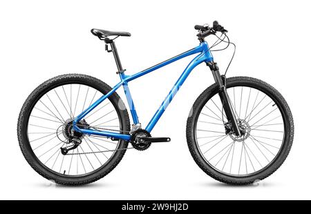 New cross country mountain bicycle with 29 inches wheels and blue frame isolated on white background. Stock Photo