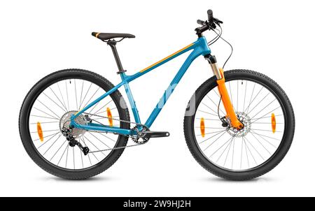 Blue mountain bike isolated on white. Brand new cross country bike with 29 inches wheels for offroad riding. Stock Photo