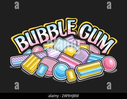 Vector logo for Bubble Gum, decorative horizontal poster with cartoon design vibrant bubblegums, bright heap of group many different bubblegums and me Stock Vector