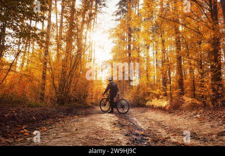 A cyclist stands on a path in a dreamy autumn forest in daylight. Beautiful autumn landscape. Stock Photo