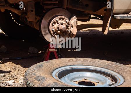 Vehicle front strut and axel in auto service mechanical workshop Stock Photo