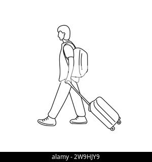 man pulling rolling bag illustration vector hand drawn isolated on white background Stock Vector