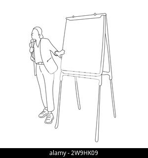 Female speaker pointing at presentation on blank white board illustration vector hand drawn isolated on white background Stock Vector