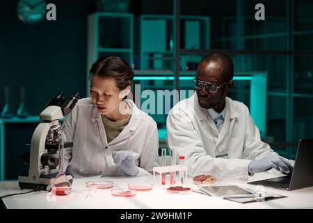 Biracial scientists working in team on synthetic meat alternative sitting at their workplace in lab Stock Photo
