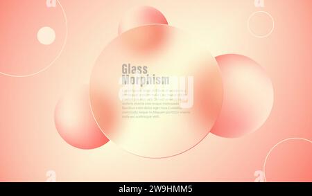 Glass morphism background design. Transparent round glass disc in peach color with 3D spheres. Stock Vector