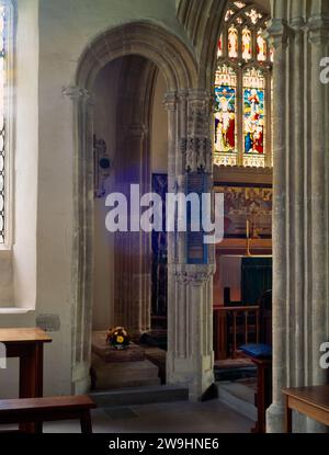 Niche & entrance to the site of the shrine of St Hieritha (Urith) on the N side of the chancel in her church at Chittlehampton, Devon, England, UK. Stock Photo